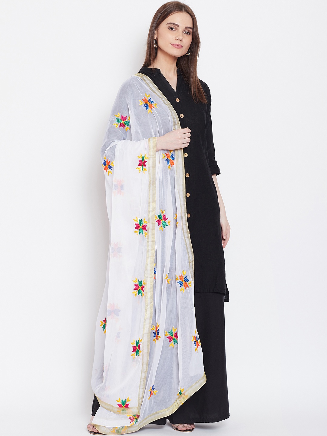 

WEAVERS VILLA White & Red Phulkari Embroidered Dupatta