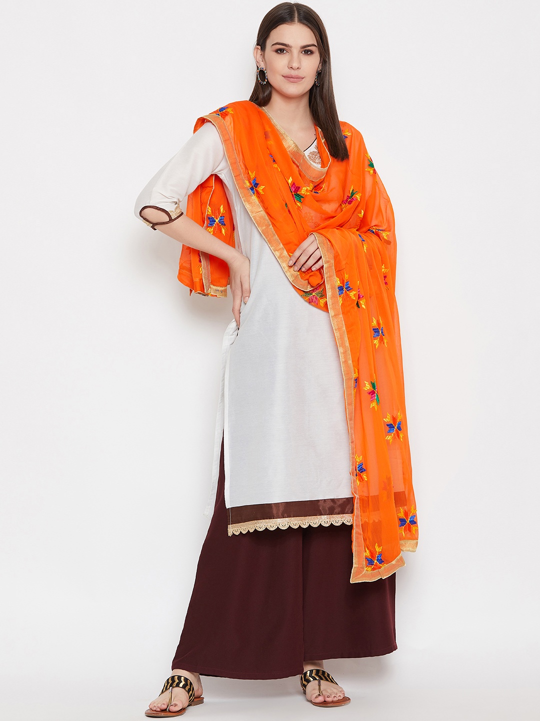

WEAVERS VILLA Orange & Blue Phulkari Embroidered Dupatta