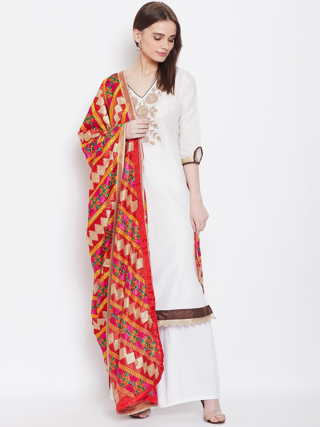 

WEAVERS VILLA Red & Beige Embroidered Dupatta