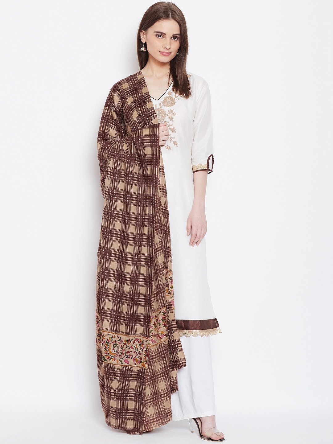

WEAVERS VILLA Women Coffee Brown & Beige Woollen Checked Shawl