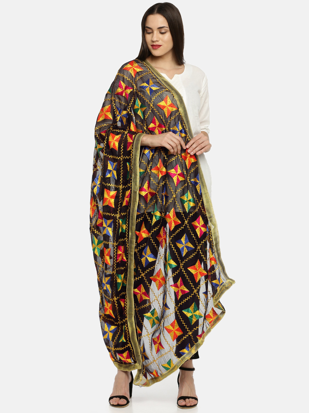 

WEAVERS VILLA Black & Yellow Embroidered Dupatta
