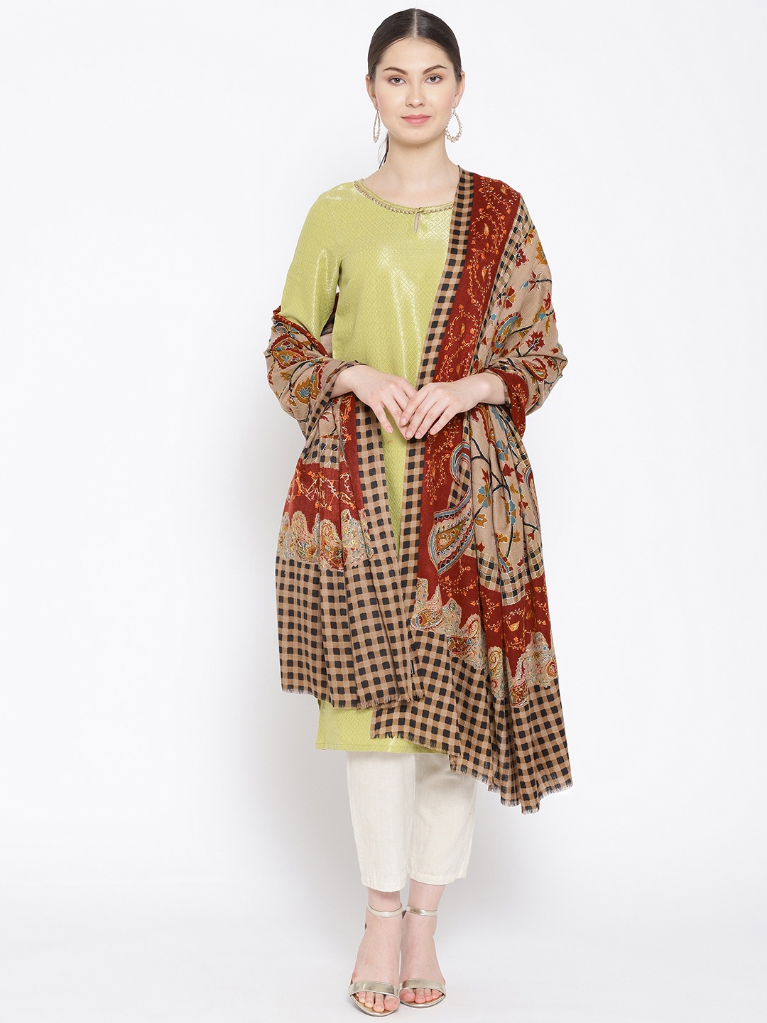 

WEAVERS VILLA Women Beige & Black Woollen Checked Shawl