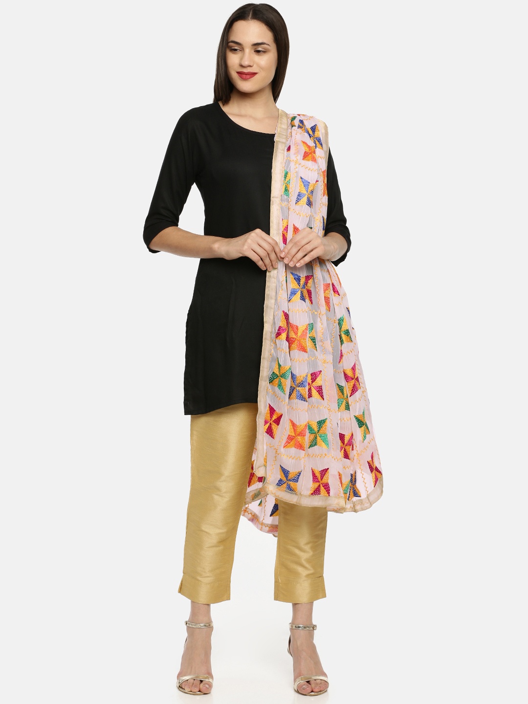 

WEAVERS VILLA White & Yellow Embroidered Dupatta