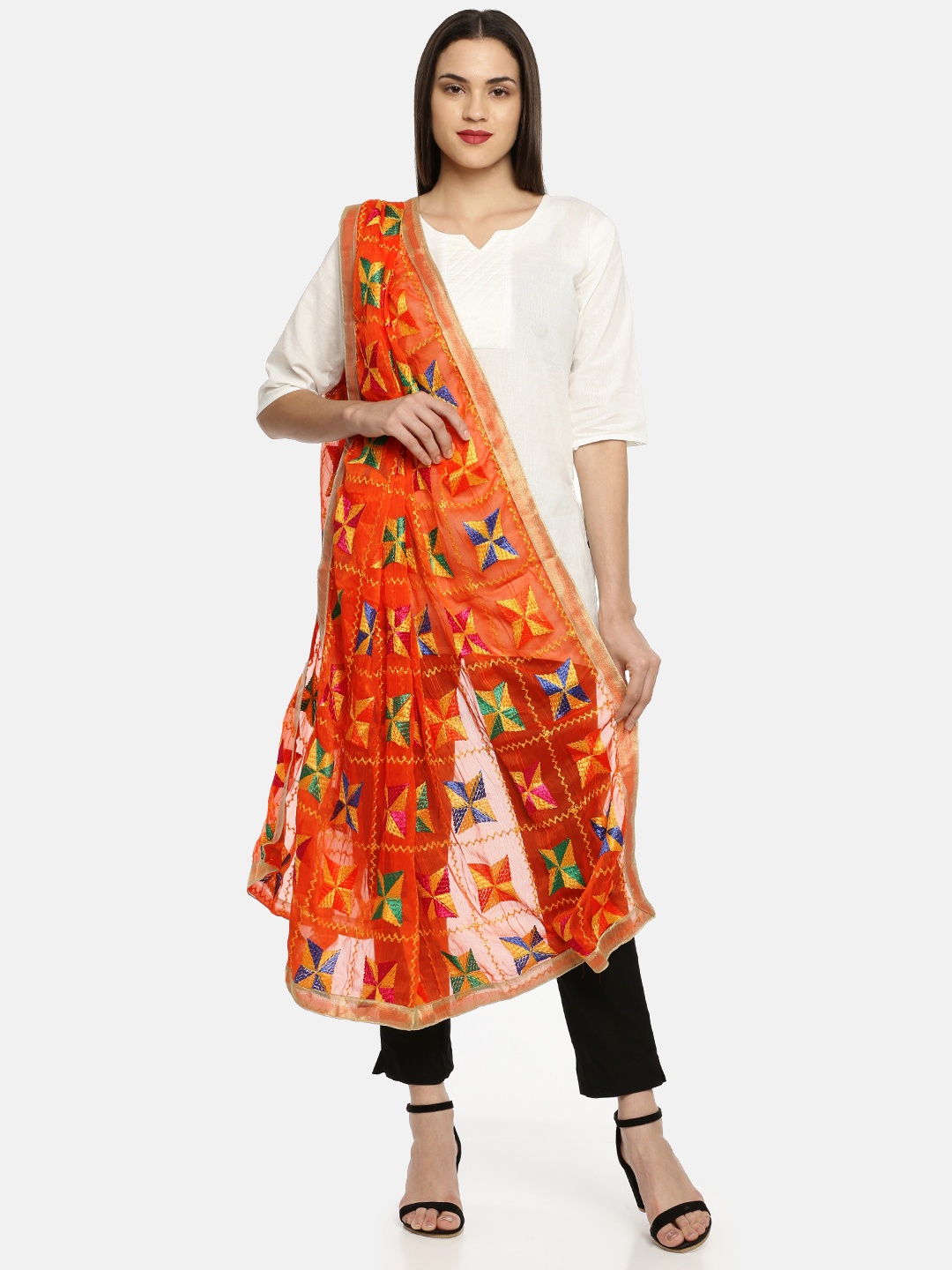 

WEAVERS VILLA Orange & Yellow Embroidered Dupatta