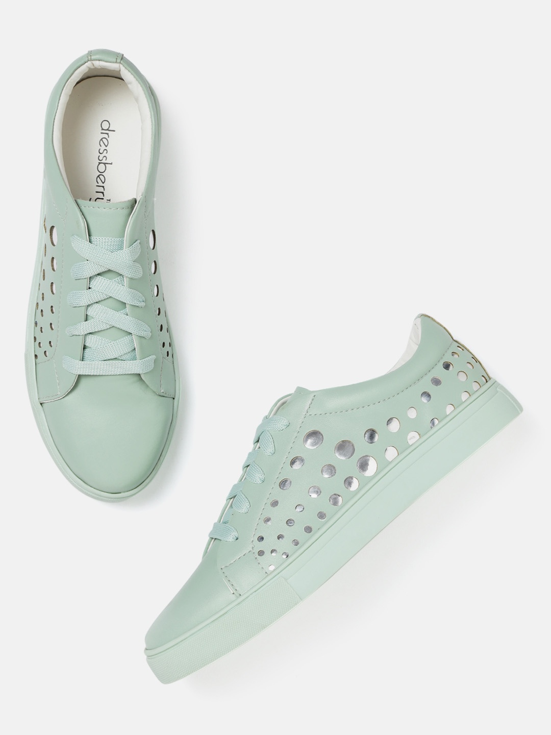 

DressBerry Women Mint Green & Silver-Toned Cut-Work Sneakers