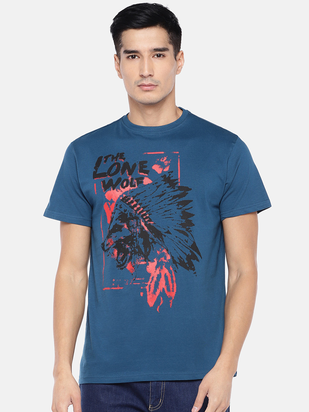 

Globus Men Teal Blue Printed Round Neck T-shirt