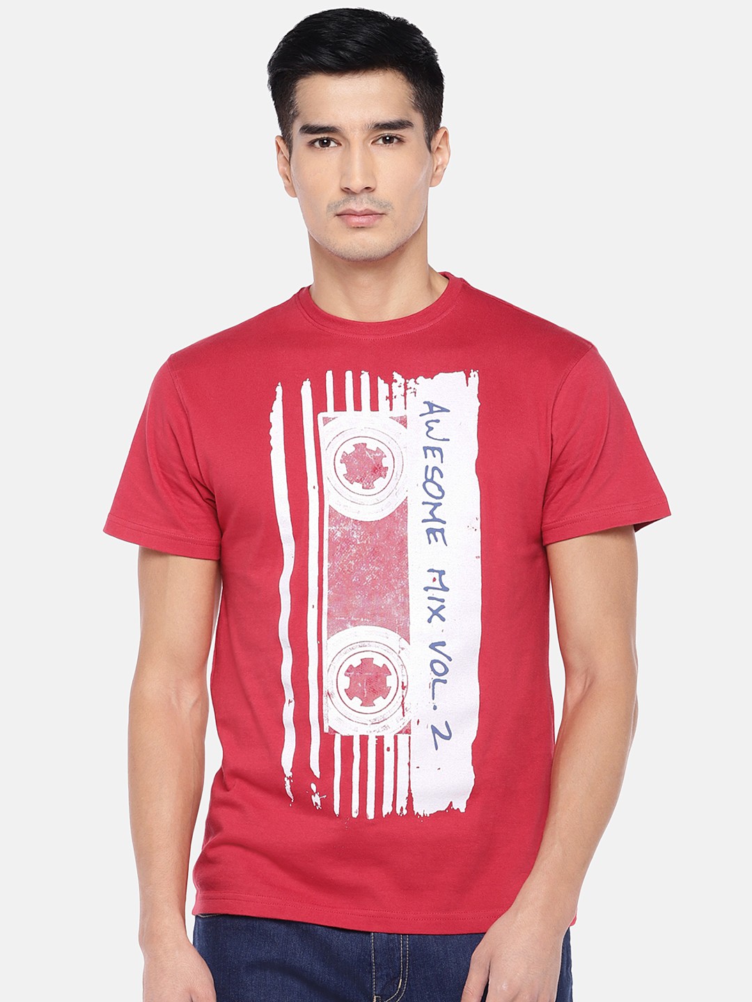 

Globus Men Red & Off-White Printed Round Neck T-shirt