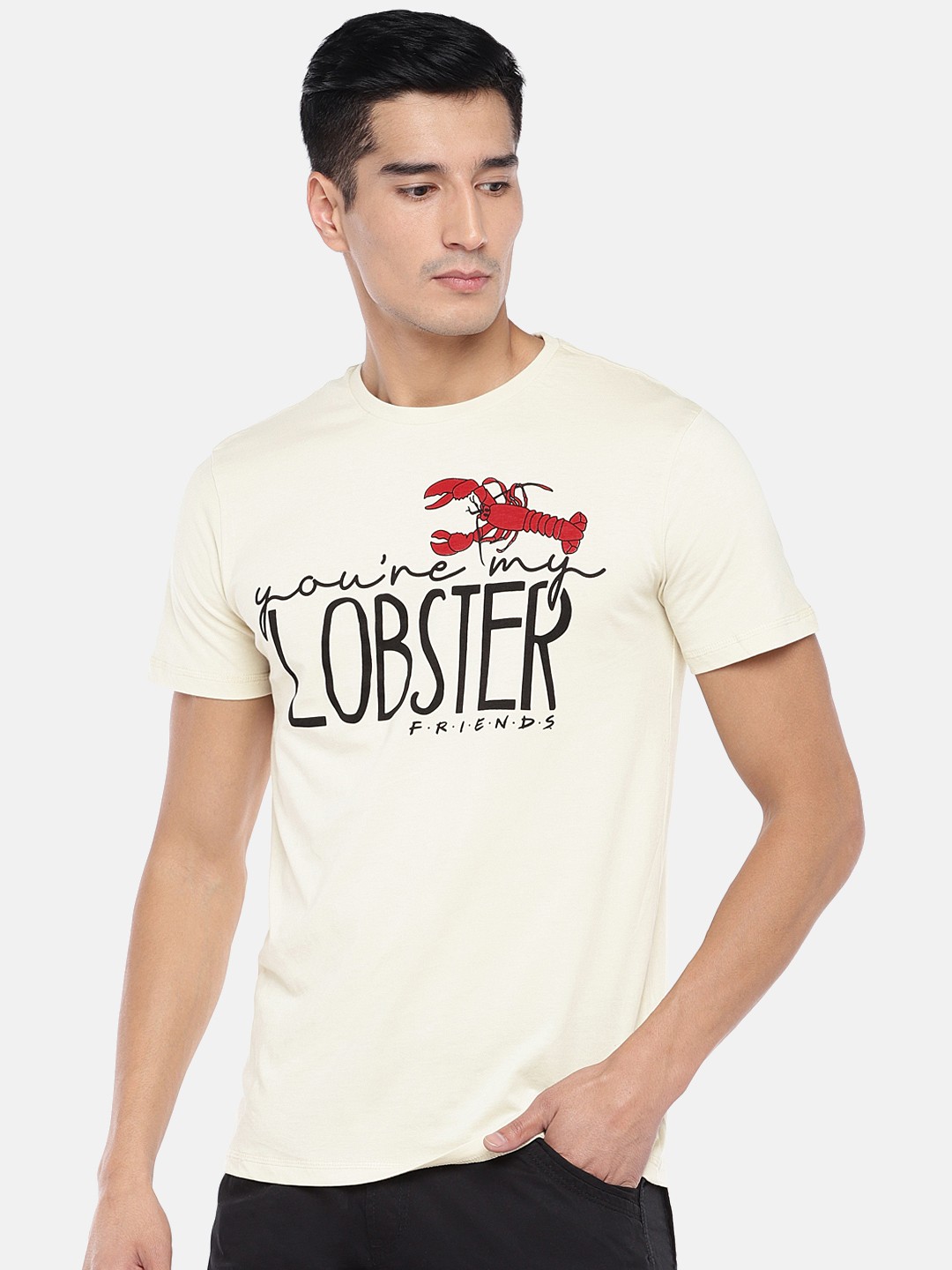 

Globus Men Cream-Coloured & Black Printed Round Neck T-shirt