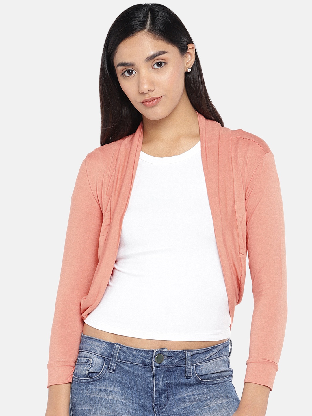 

Globus Women Peach-Coloured Solid Open Front Shrug