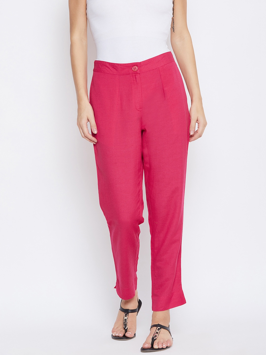 

fabGLOBAL Women Pink Relaxed Straight Fit Solid Regular Trousers