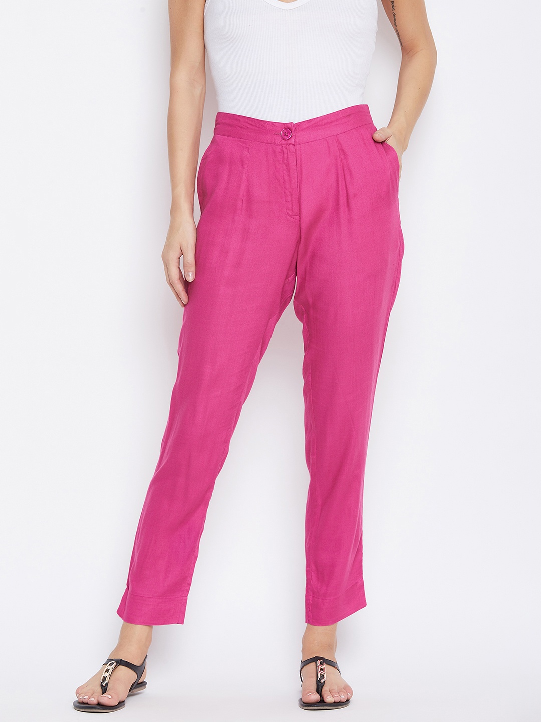 

fabGLOBAL Women Pink Relaxed Slim Fit Solid Regular Trousers