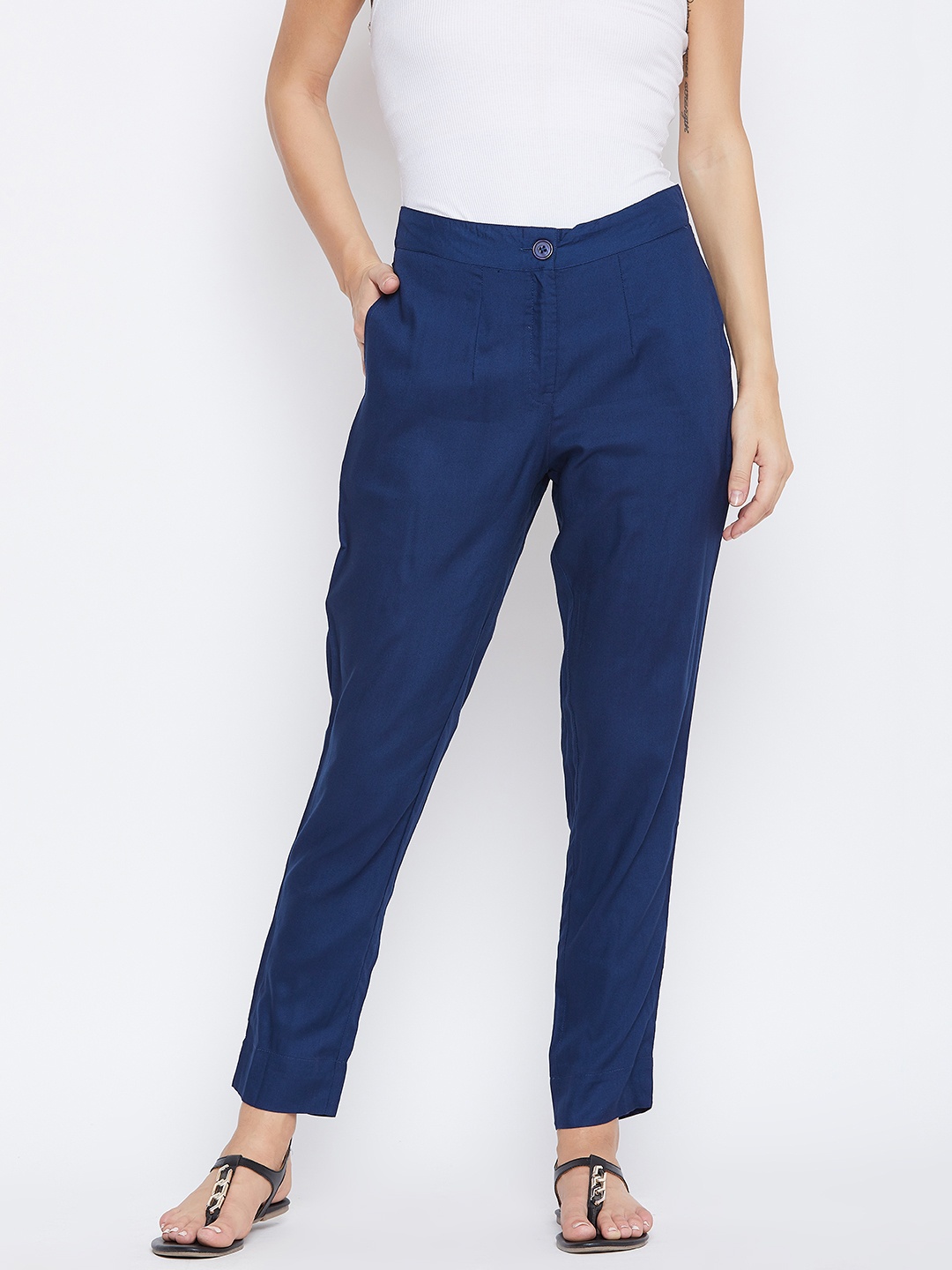 

fabGLOBAL Women Navy Blue Relaxed Slim Fit Solid Regular Trousers