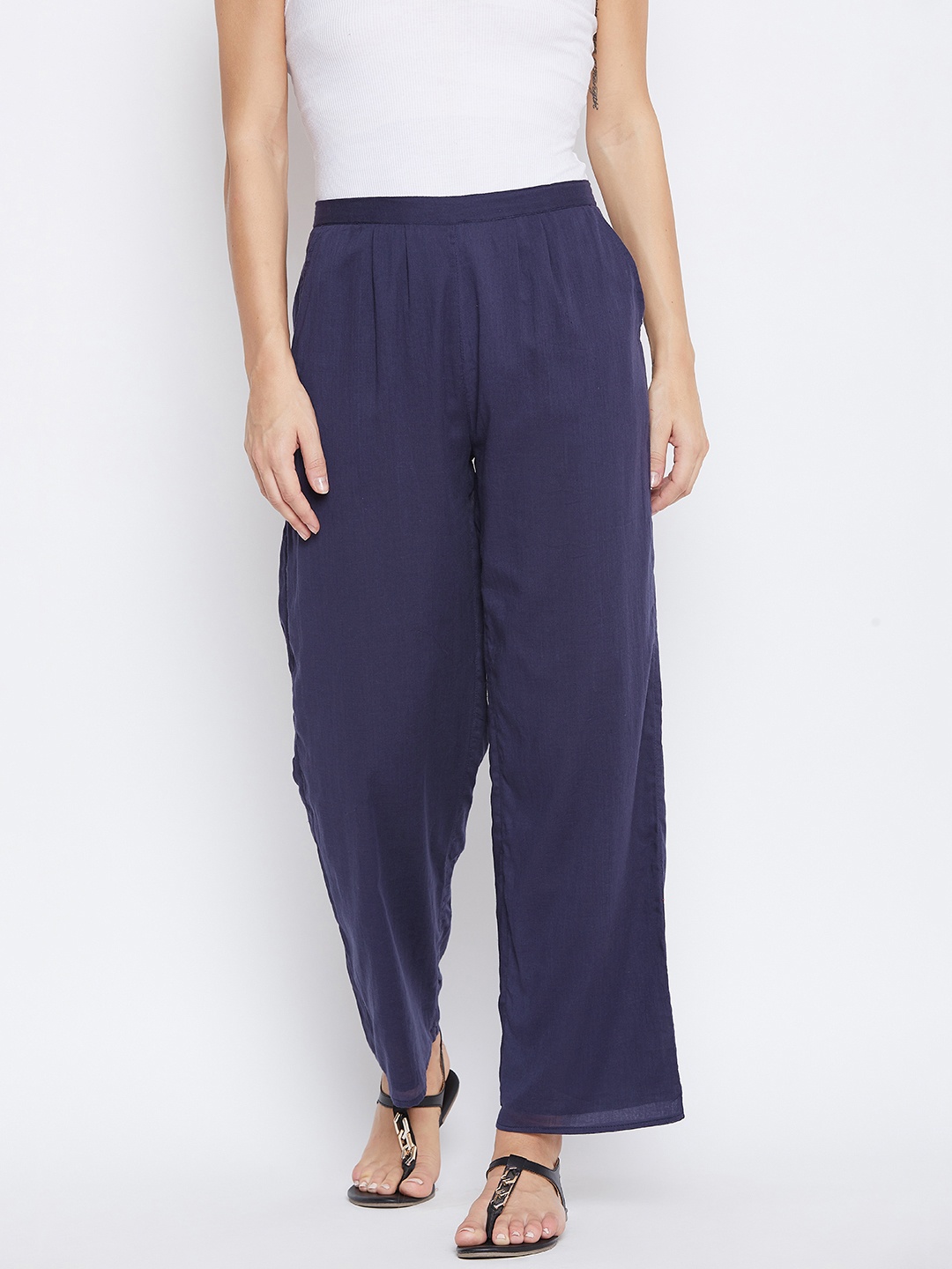 

fabGLOBAL Women Navy Blue Relaxed Straight Fit Solid Parallel Trousers