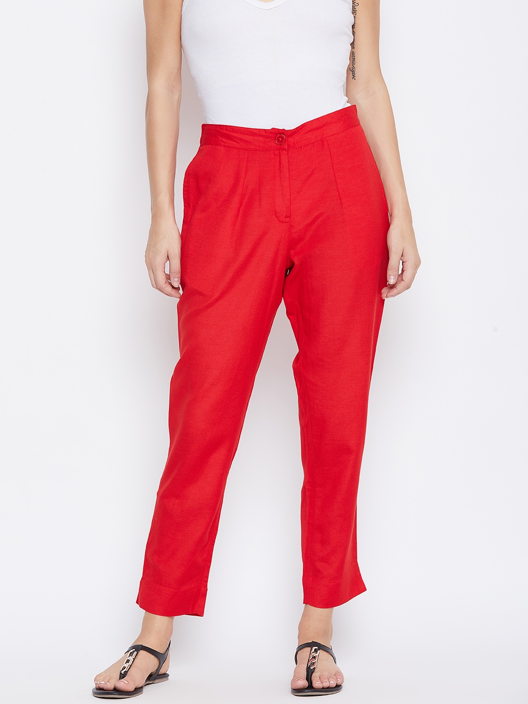 

fabGLOBAL Women Red Relaxed Slim Fit Solid Regular Trousers