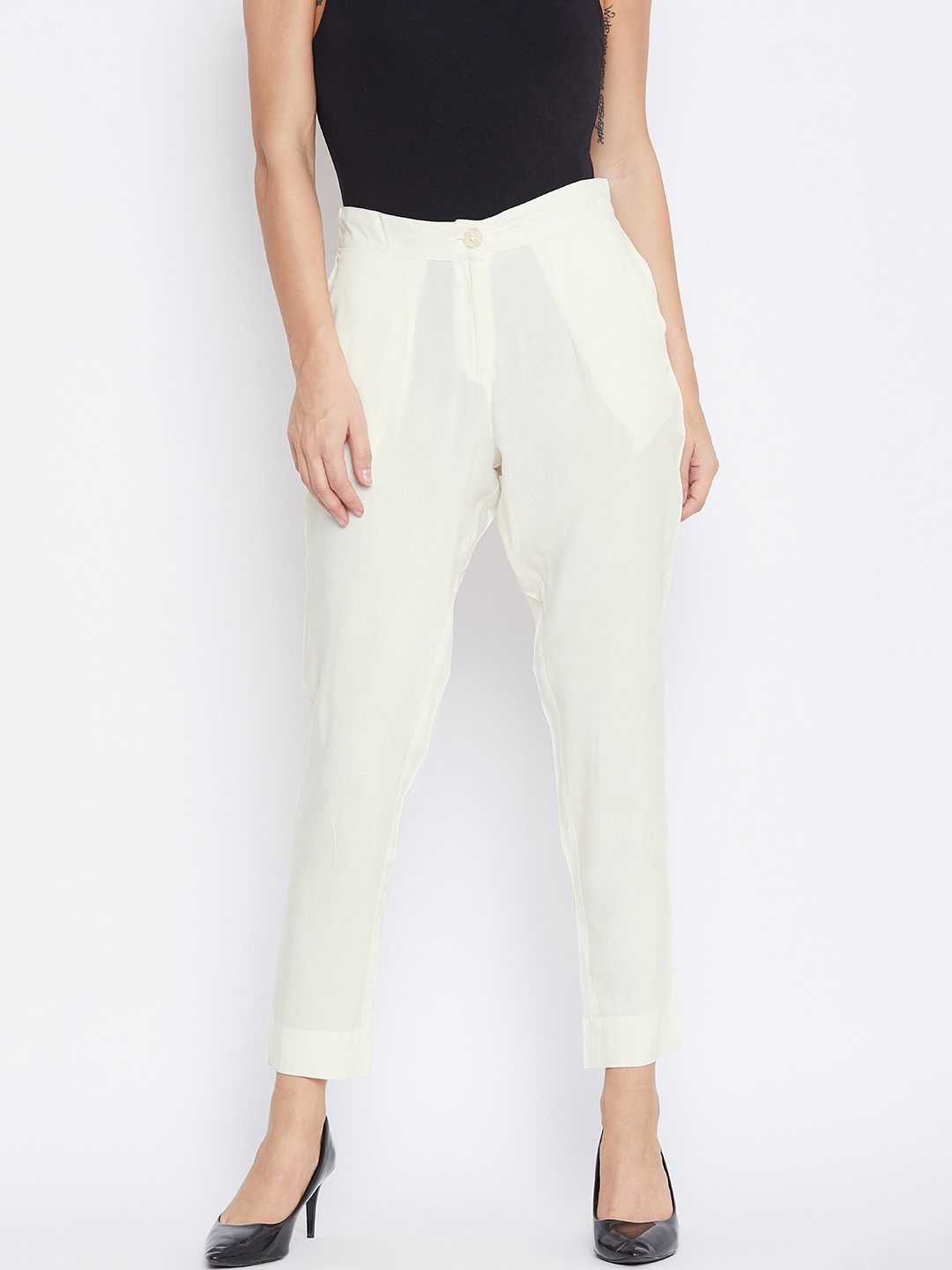 

fabGLOBAL Women Cream-Coloured Semi Sheer Relaxed Slim Fit Solid Regular Trousers