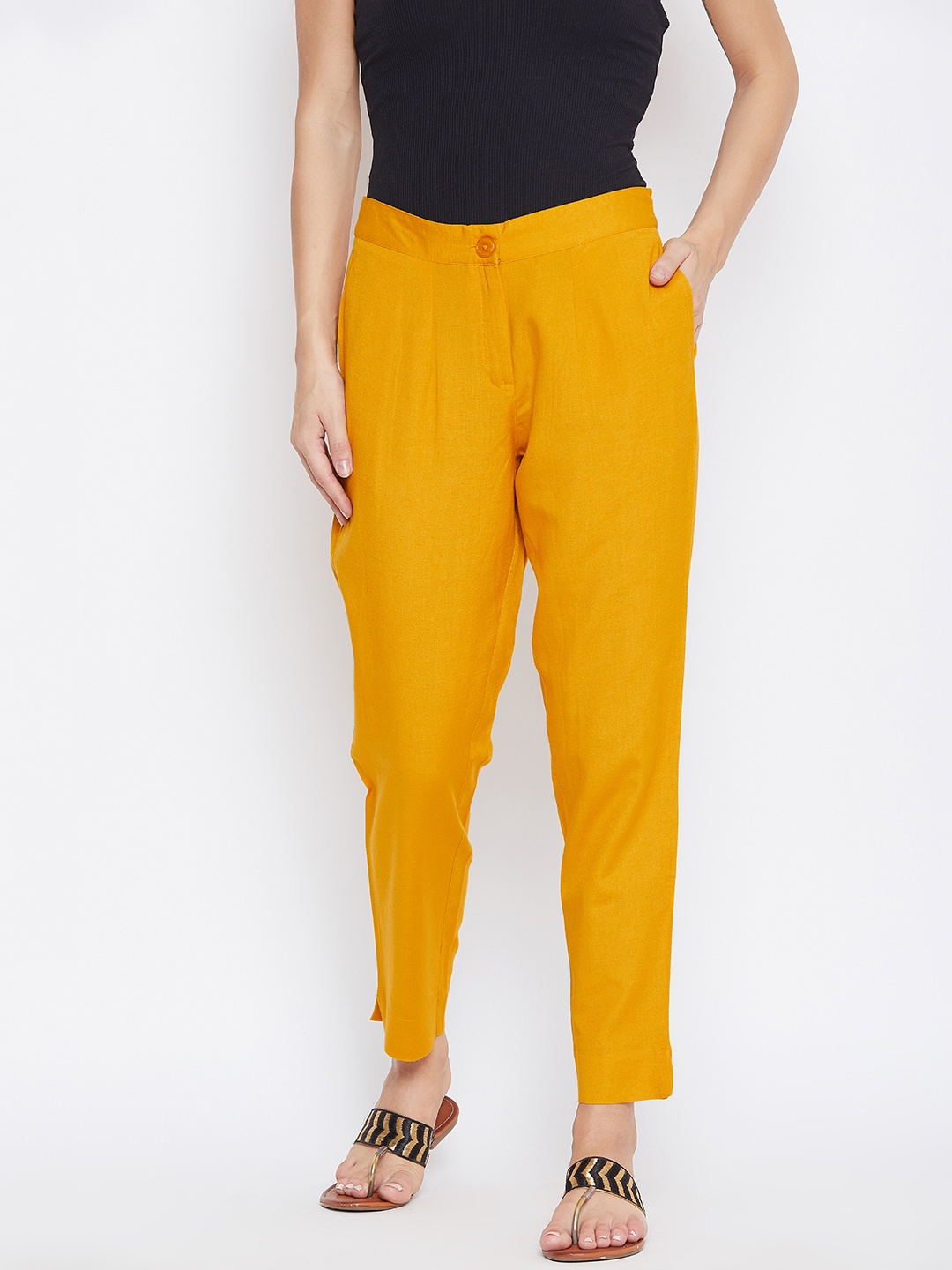 

fabGLOBAL Women Mustard Yellow Relaxed Slim Fit Solid Regular Trousers