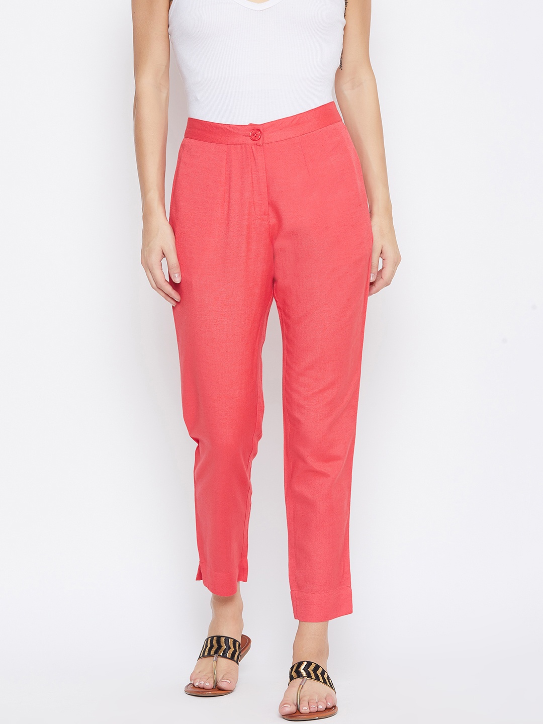 

fabGLOBAL Women Coral Pink Relaxed Slim Fit Solid Regular Cropped Trousers
