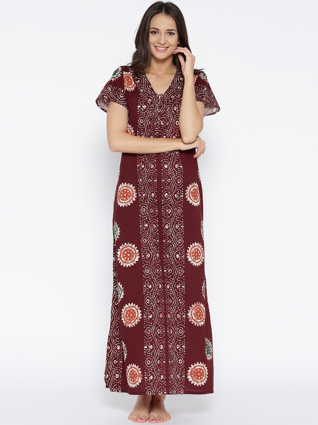 

Secret Wish Burgundy & Off-White Printed Maxi Nightdress NT-138