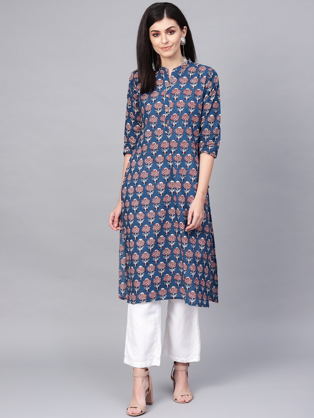 

KSUT Women Navy Blue & Red Printed Straight Kurta