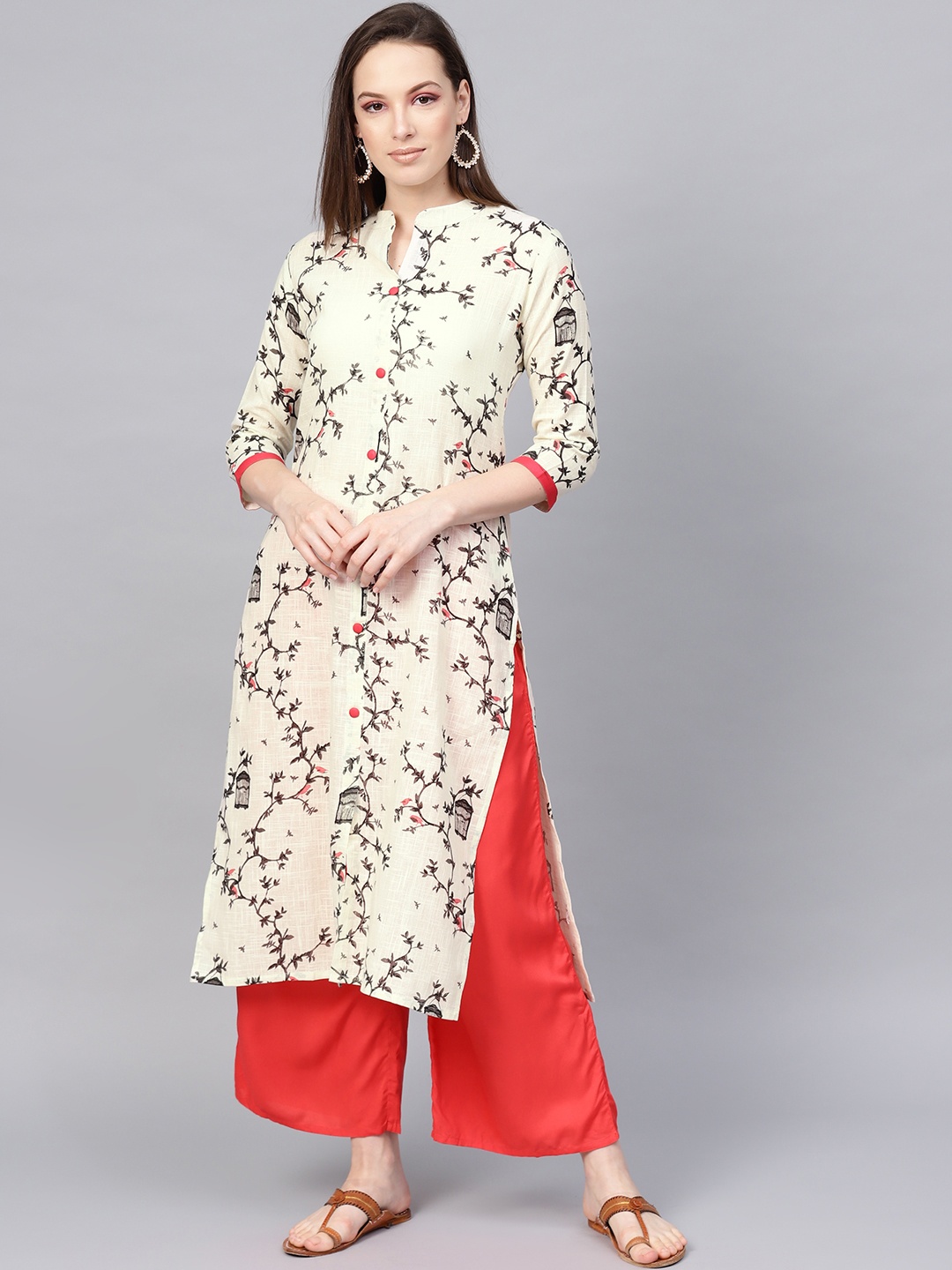 

KSUT Women Cream-Coloured & Charcoal Grey Printed Straight Kurta