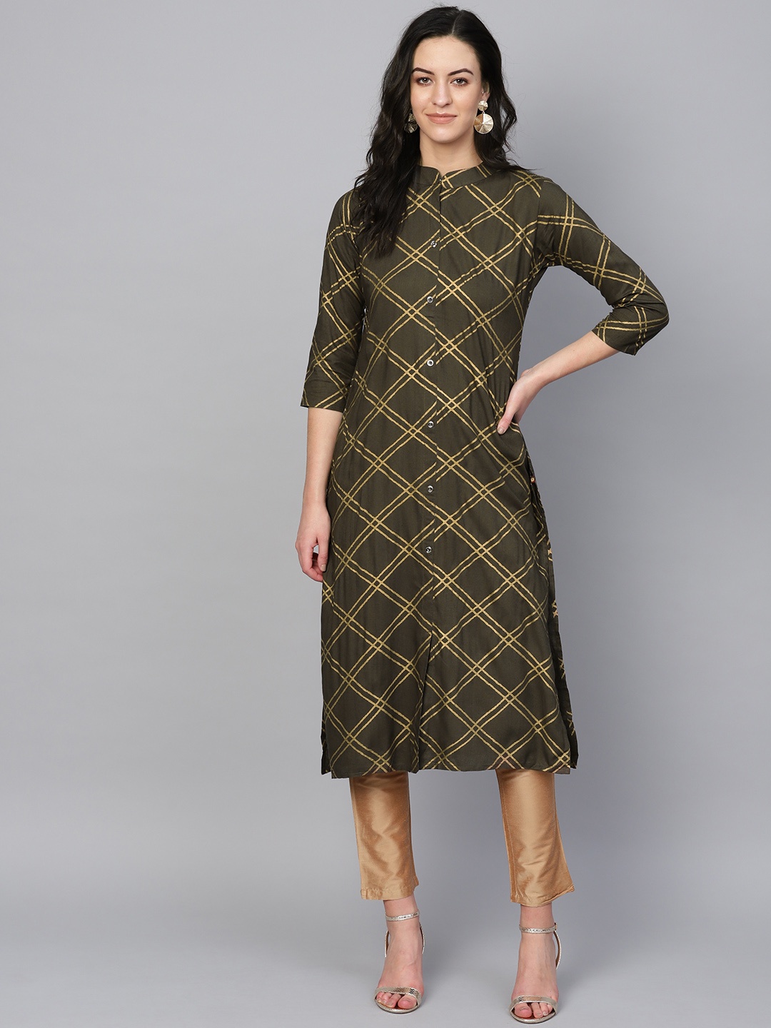 

KSUT Women Olive Green & Golden Foil Print Straight Kurta
