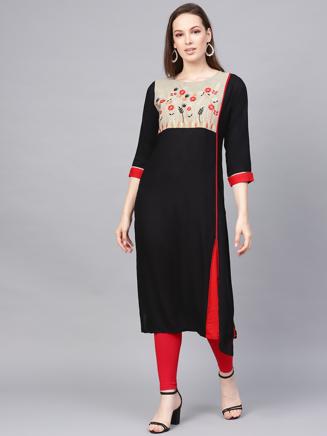

KSUT Women Black Floral Yoke Design Straight Kurta
