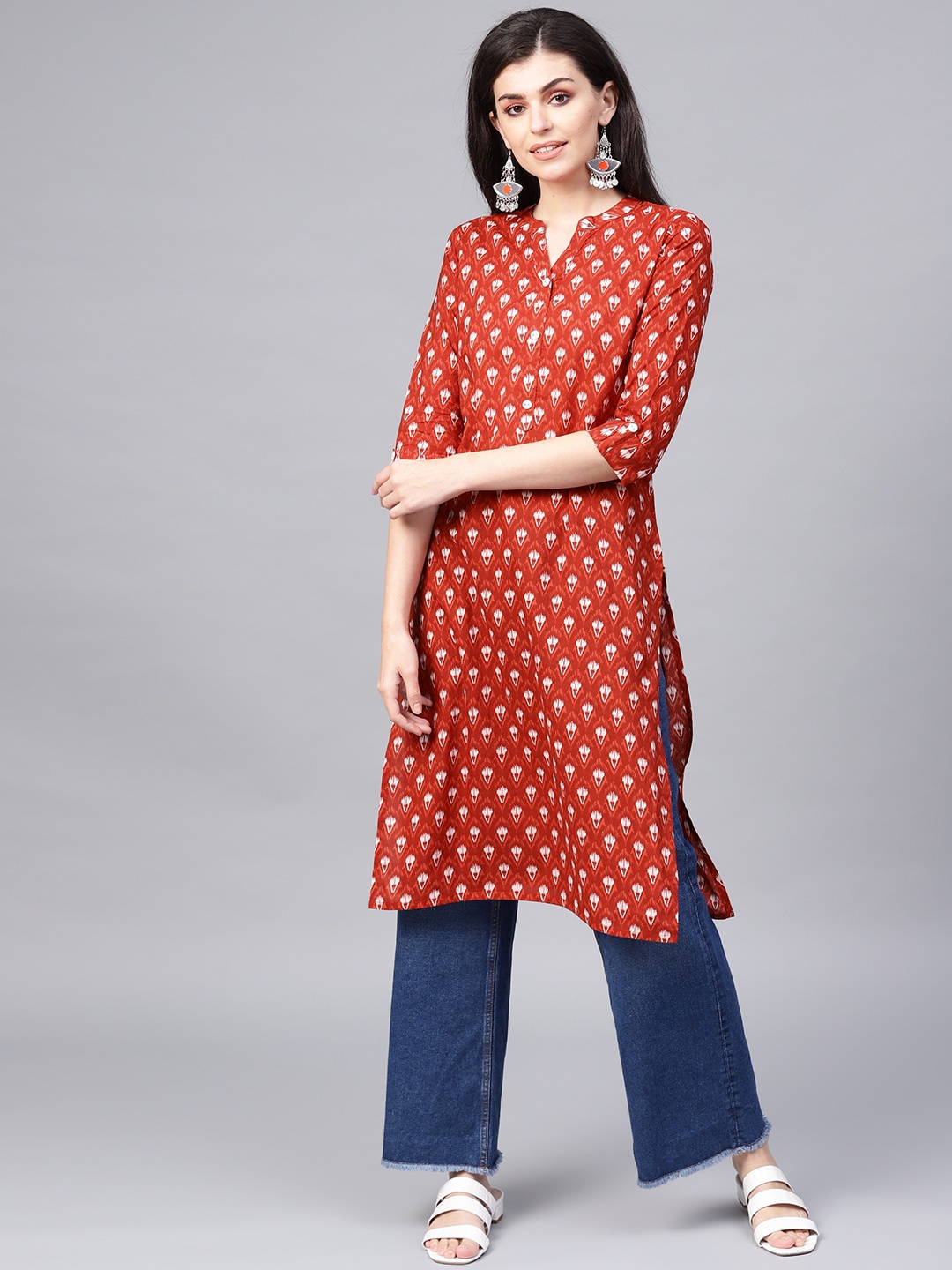 

KSUT Women Red & White Printed Straight Ikat Kurta