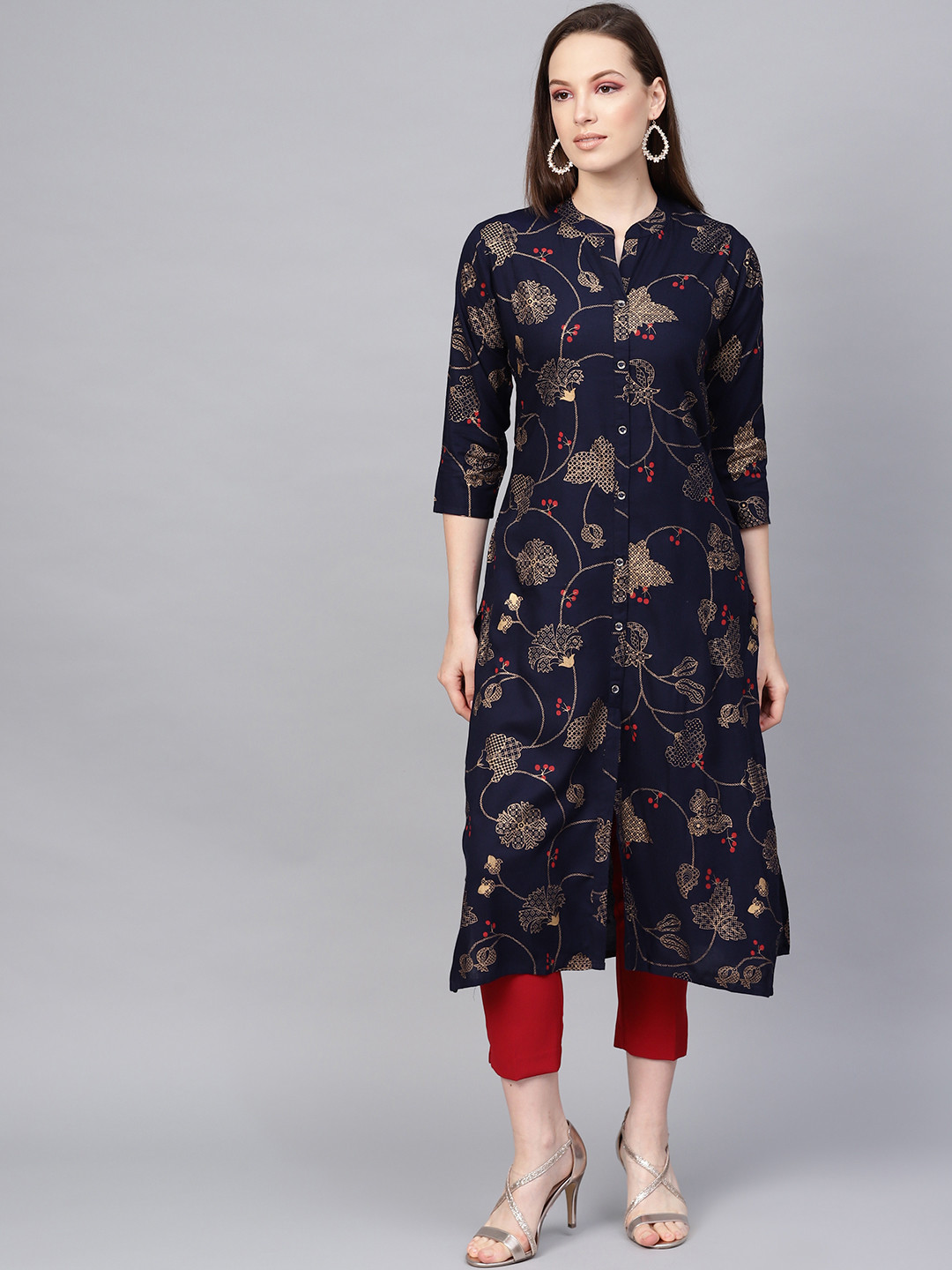 

KSUT Women Navy Blue & Golden Foil Printed A-Line Kurta