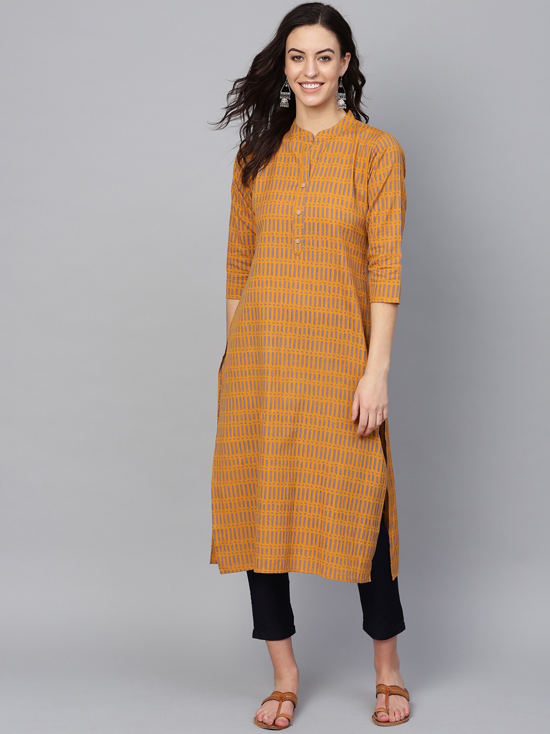 

KSUT Women Mustard Yellow & Blue Screen Print Straight Kurta