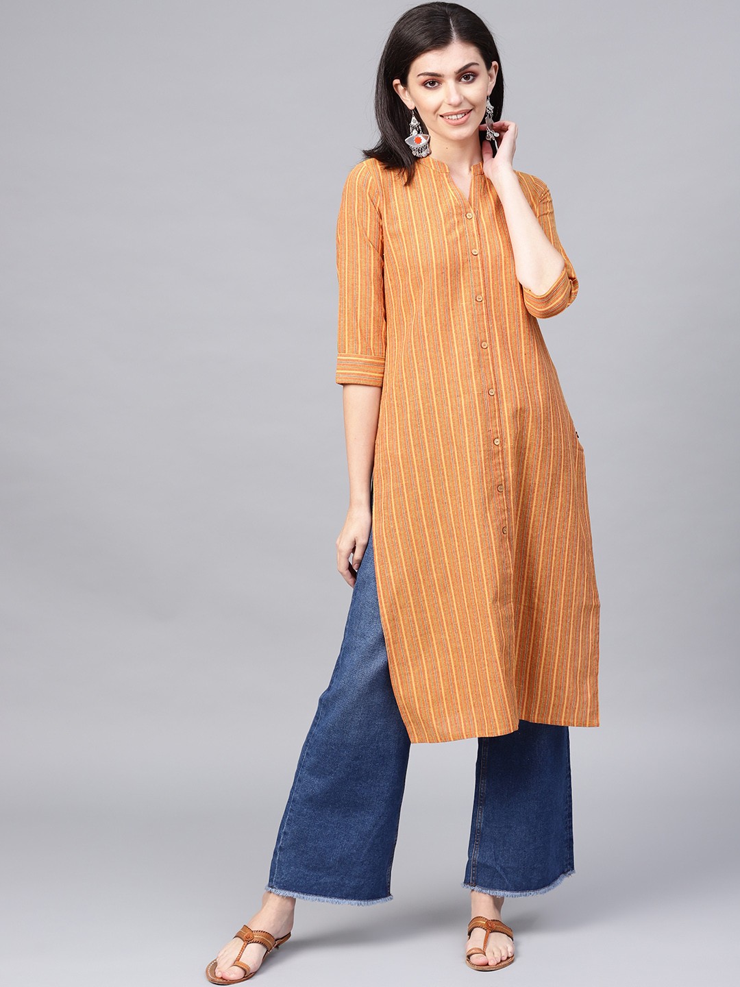

KSUT Women Mustard Yellow & Red Striped Handloom Straight Kurta