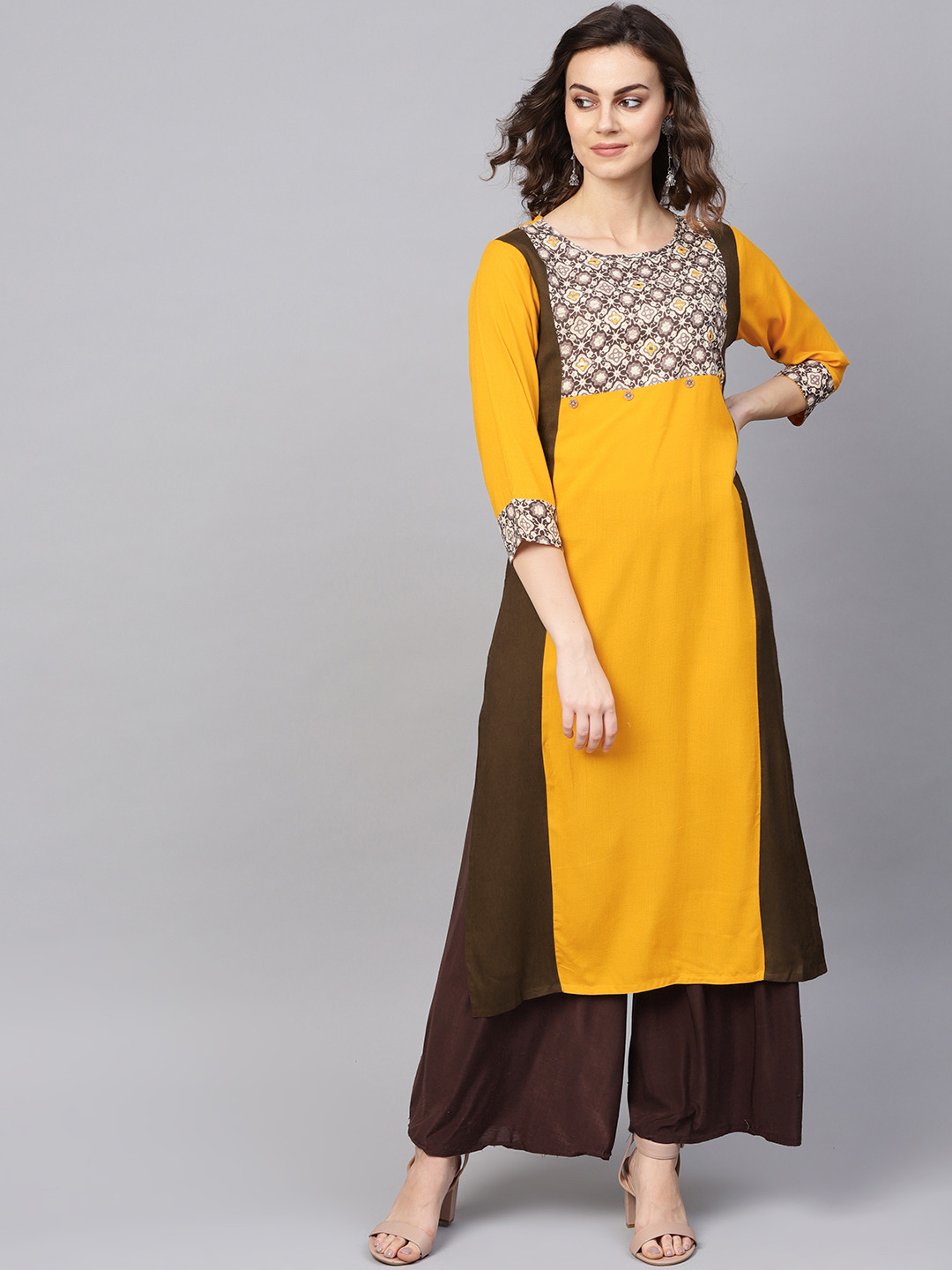 

KSUT Women Mustard Yellow & Brown Yoke Design Straight Kurta