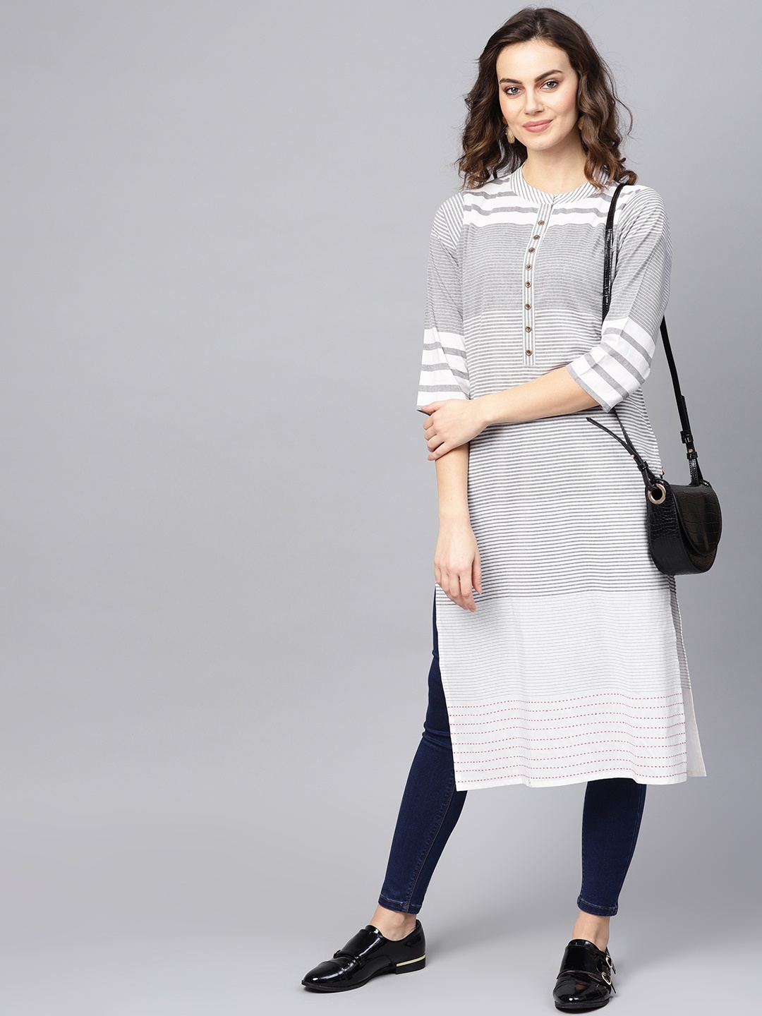 

KSUT Women White & Charcoal Grey Handloom Self Striped Straight Kurta