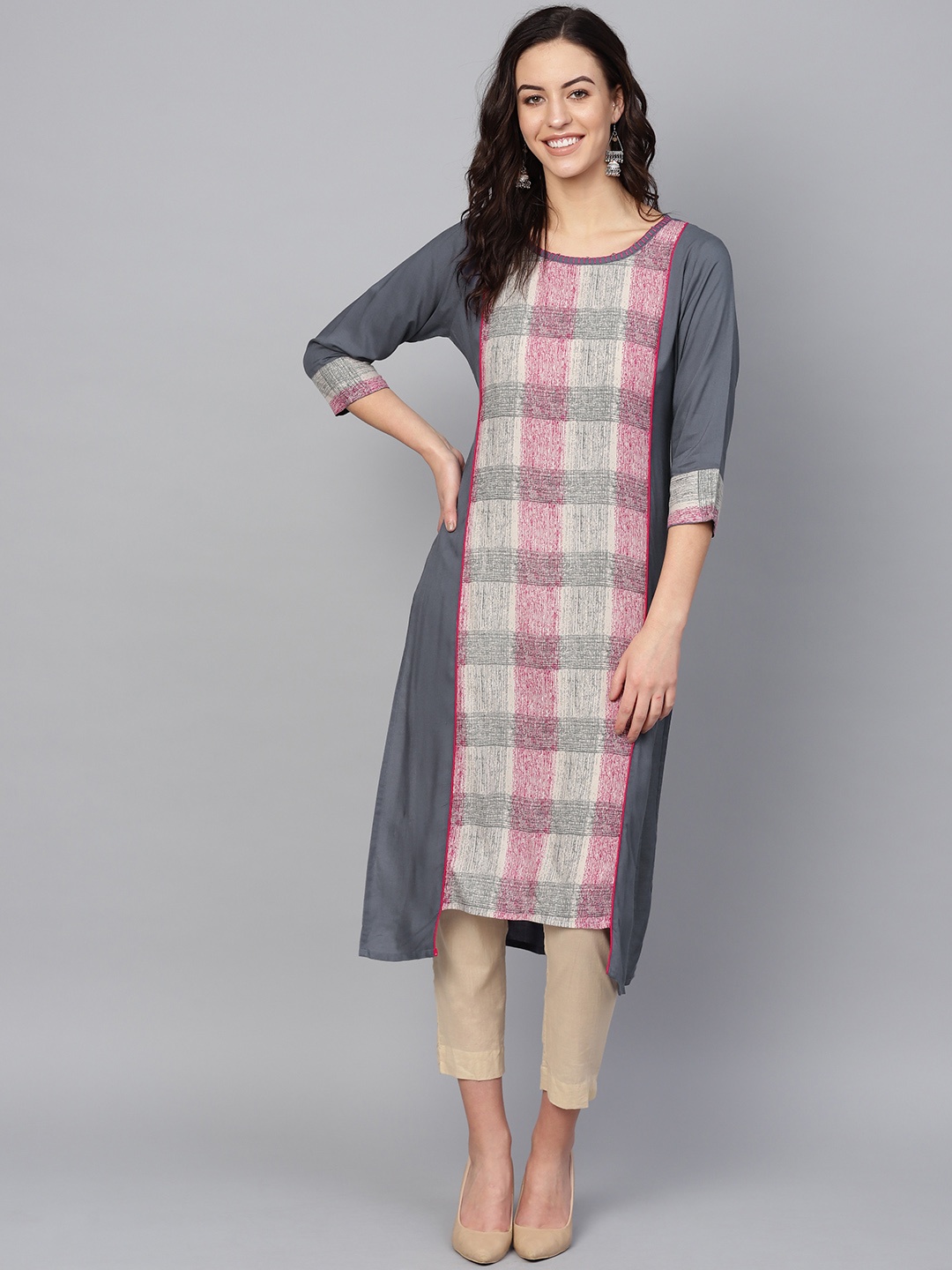 

KSUT Women Pink & Grey Checked Straight Kurta