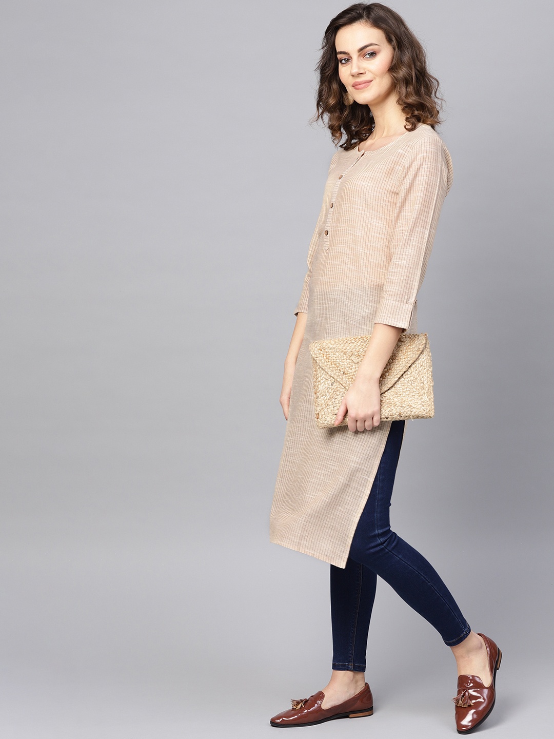 

KSUT Women Beige & Brown Handloom Self-Striped Straight Kurta
