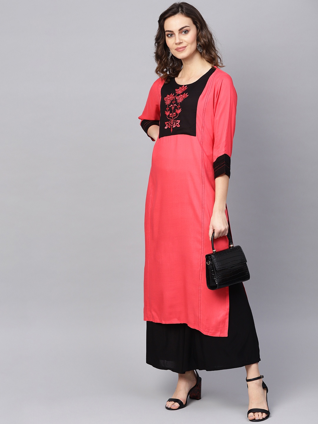 

KSUT Women Coral Pink & Black Yoke Design Straight Kurta