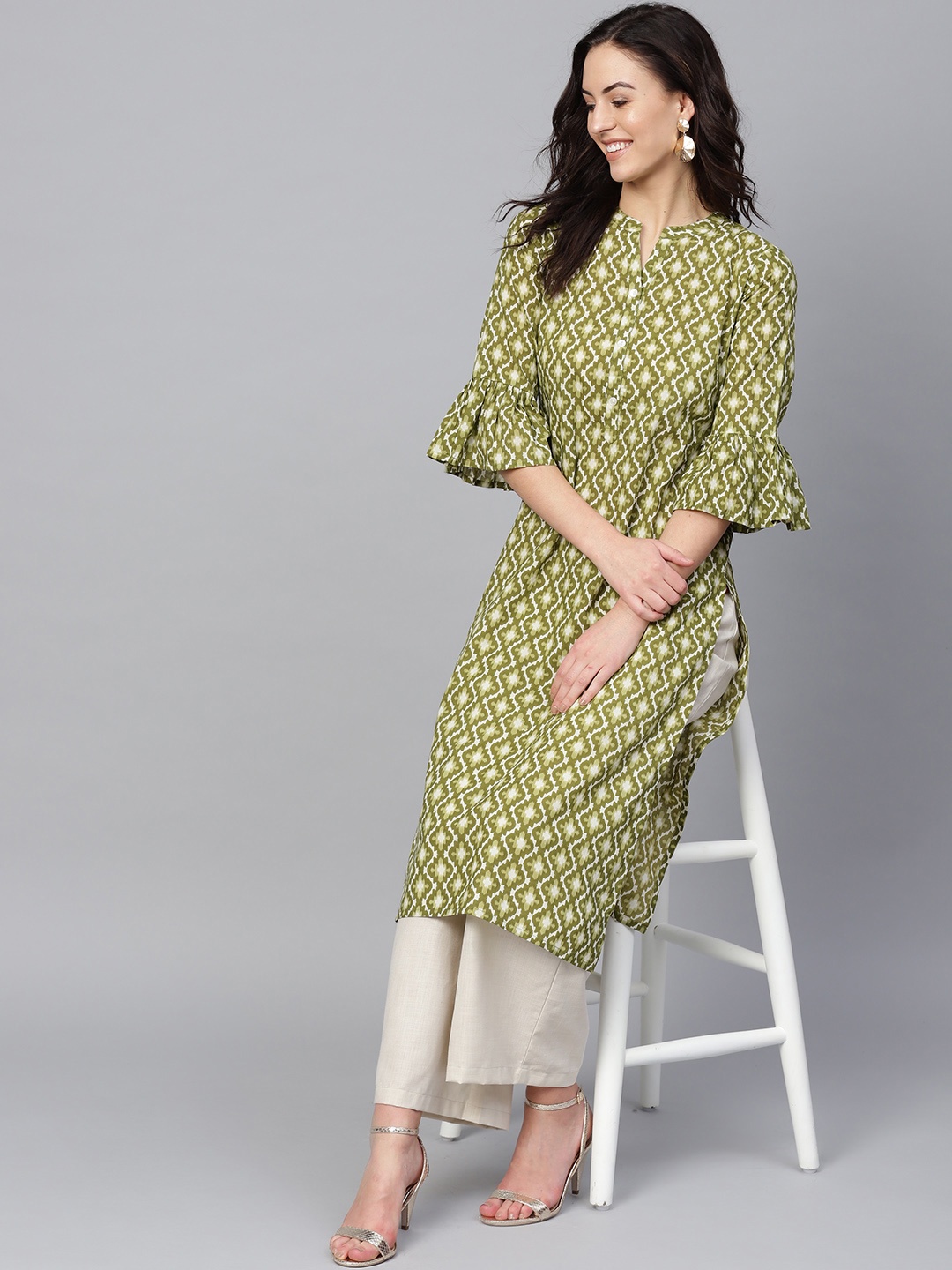 

KSUT Women Green & Off-White Printed Straight Kurta
