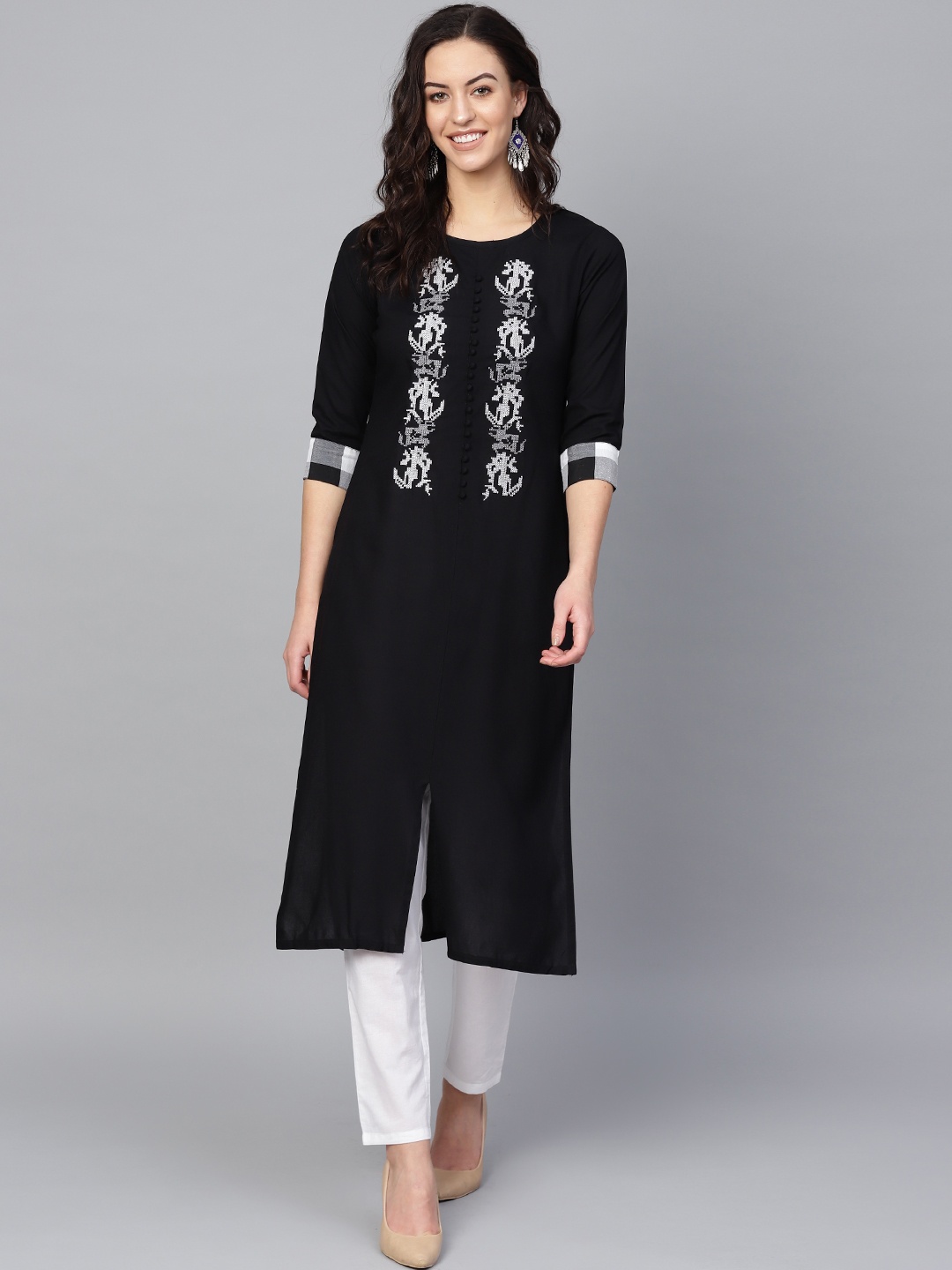 

KSUT Women Black & White Yoke Design Straight Kurta