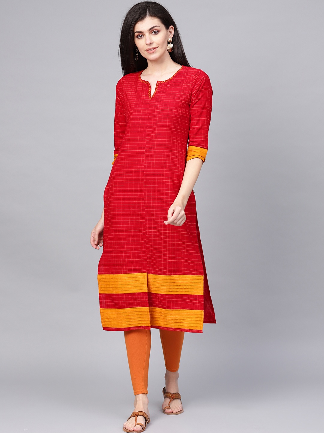 

KSUT Women Red & Mustard Yellow Checked Handloom Straight Kurta