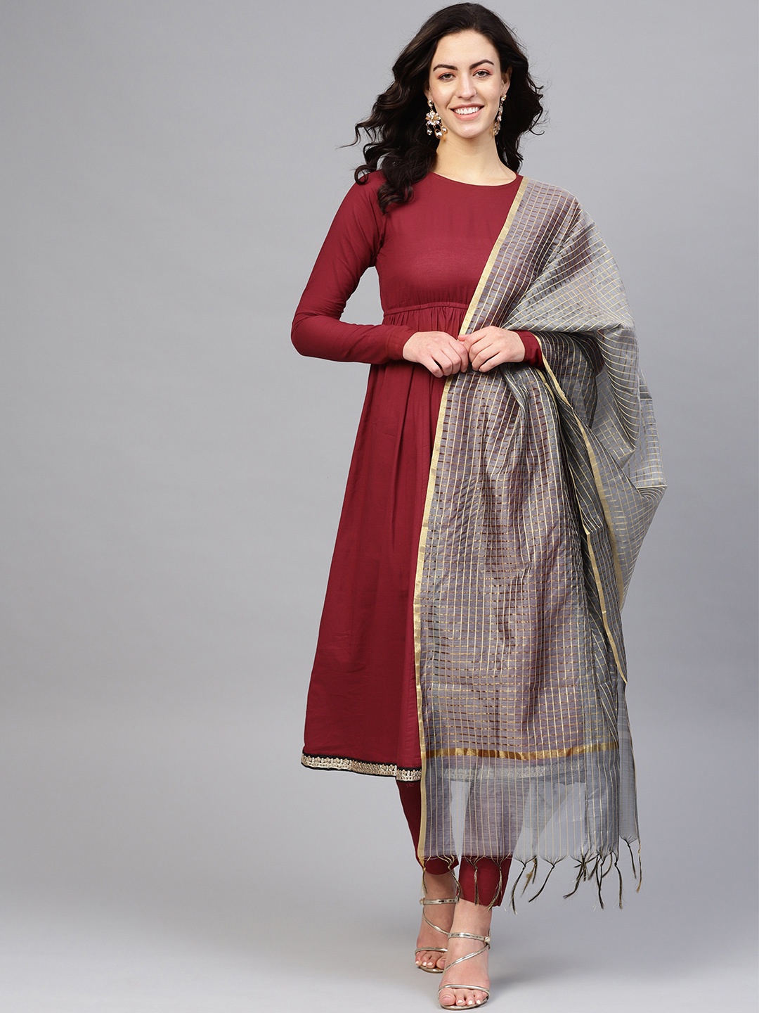 

SIAH Women Maroon & Grey Solid Kurta with Trousers & Dupatta