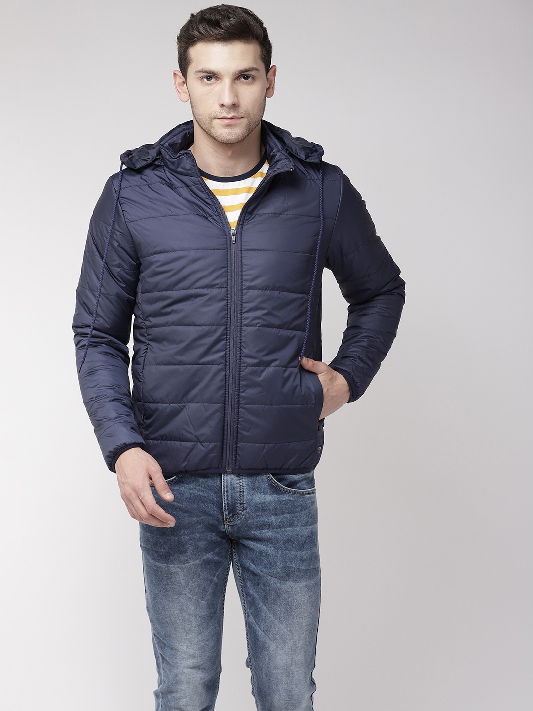 

Flying Machine Men Navy Blue Solid Padded Jacket with Detachable Hood