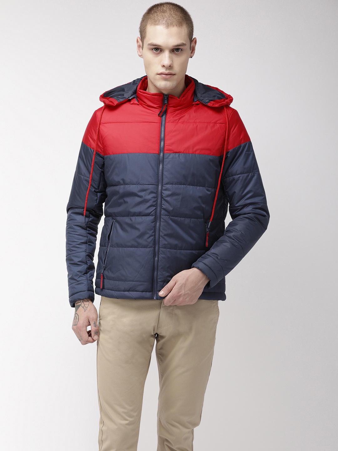 

Flying Machine Men Navy Blue & Red Colourblocked Padded Jacket Jacket