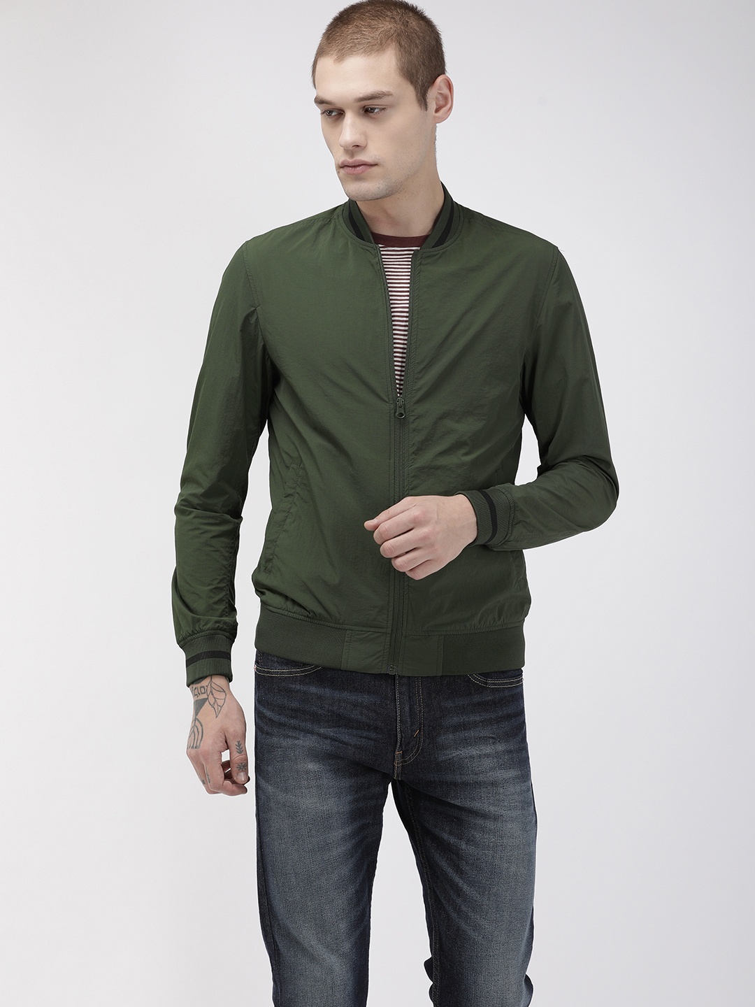 

Flying Machine Men Olive Green Solid Bomber Jacket