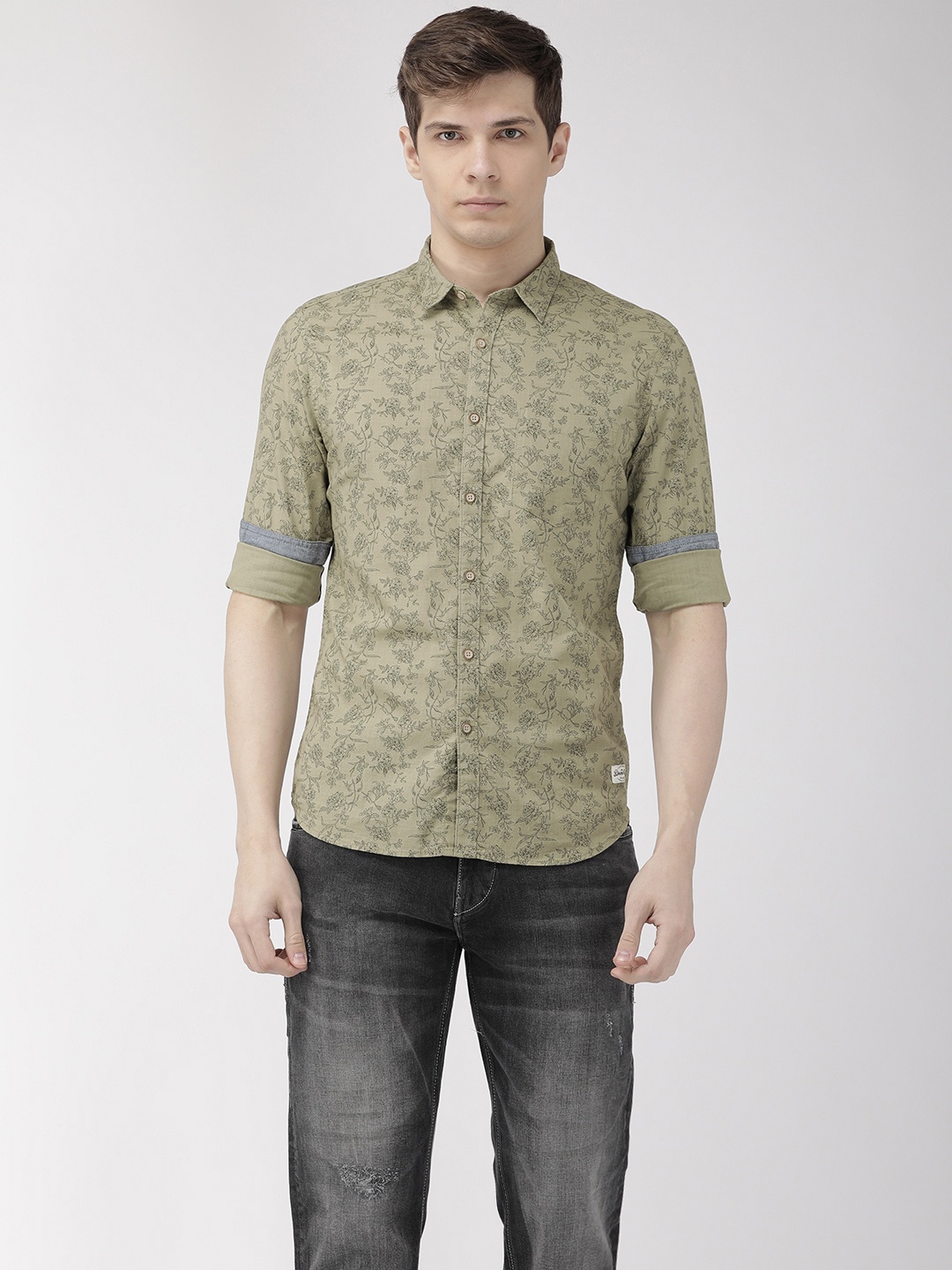 

Flying Machine Men Olive Green Regular Fit Printed Casual Shirt