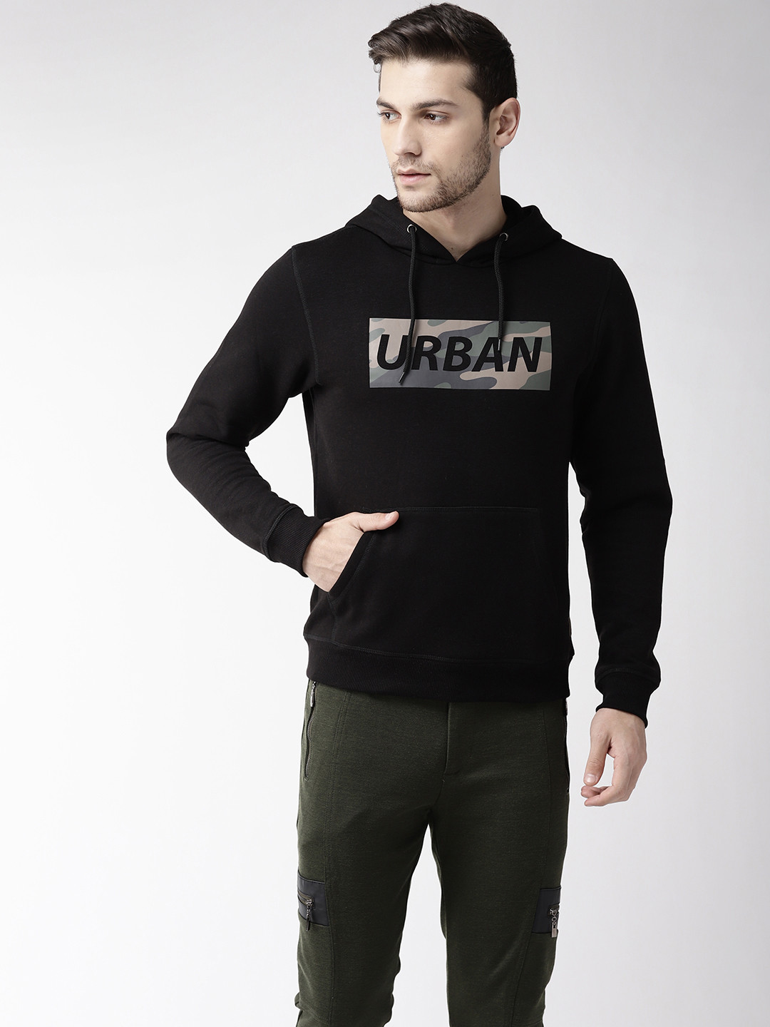 

Flying Machine Men Black Printed Hooded Sweatshirt
