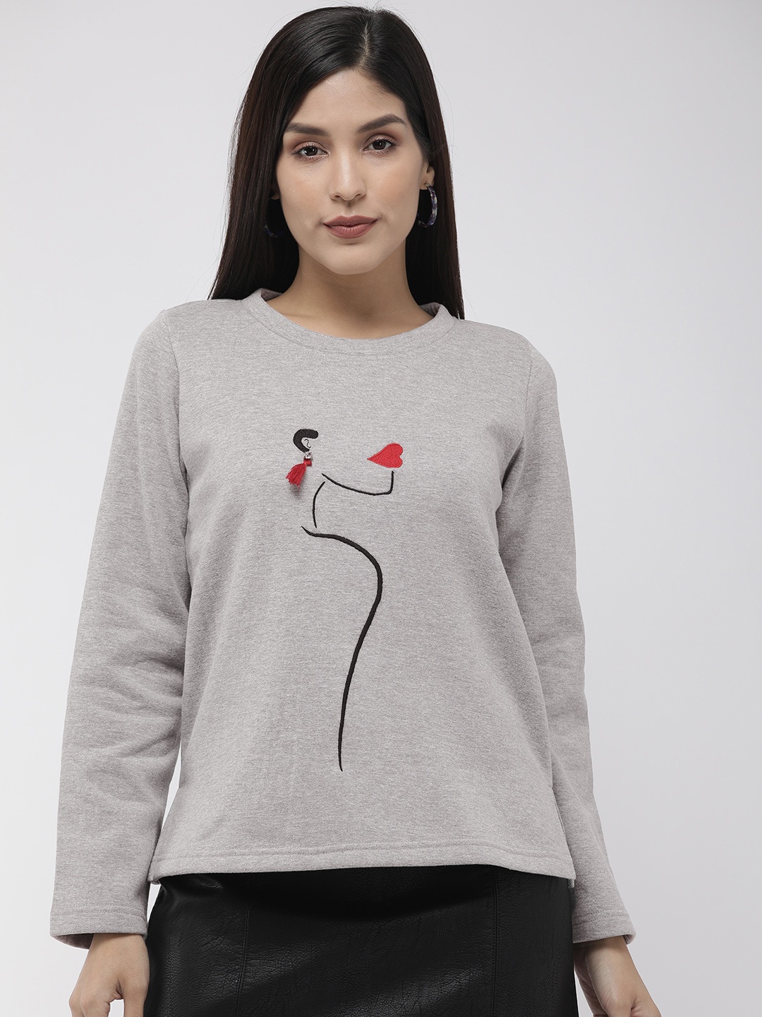 

Antheaa Women Grey Melange Solid Embellished Sweatshirt