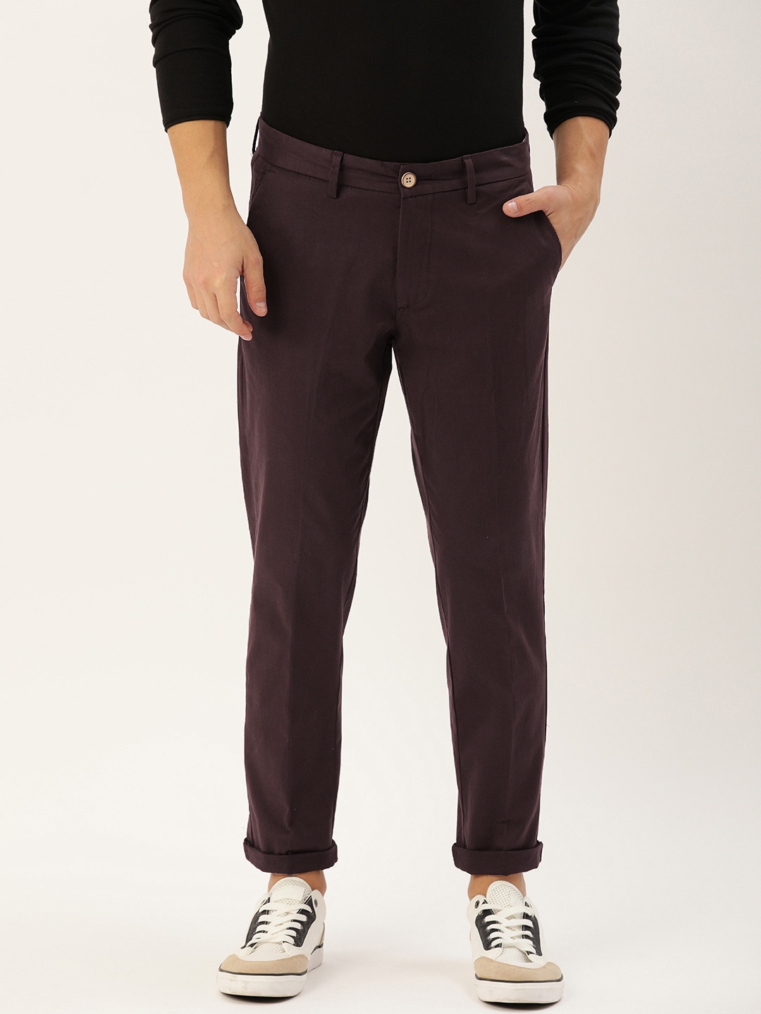 

Allen Solly Sport Men Burgundy Cropped Fit Solid Chinos