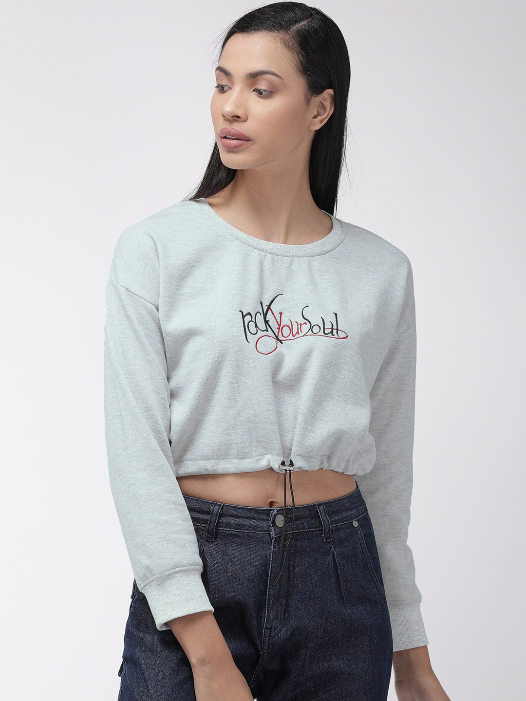 

Fort Collins Women Grey Melange Embroidered Cropped Sweatshirt