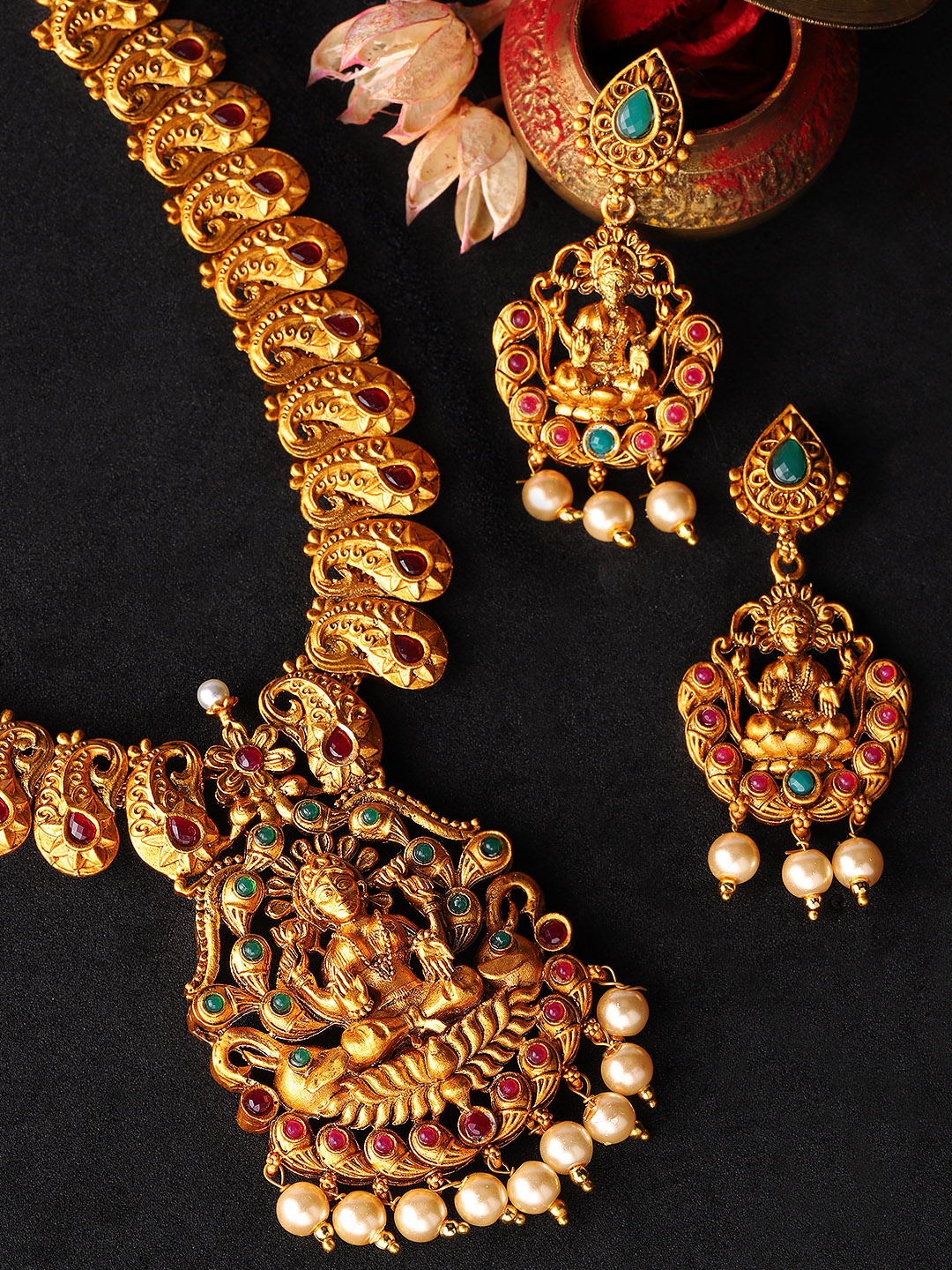 

Rubans Women Gold-Toned & Red Faux Ruby-Studded Temple Jewellery Set