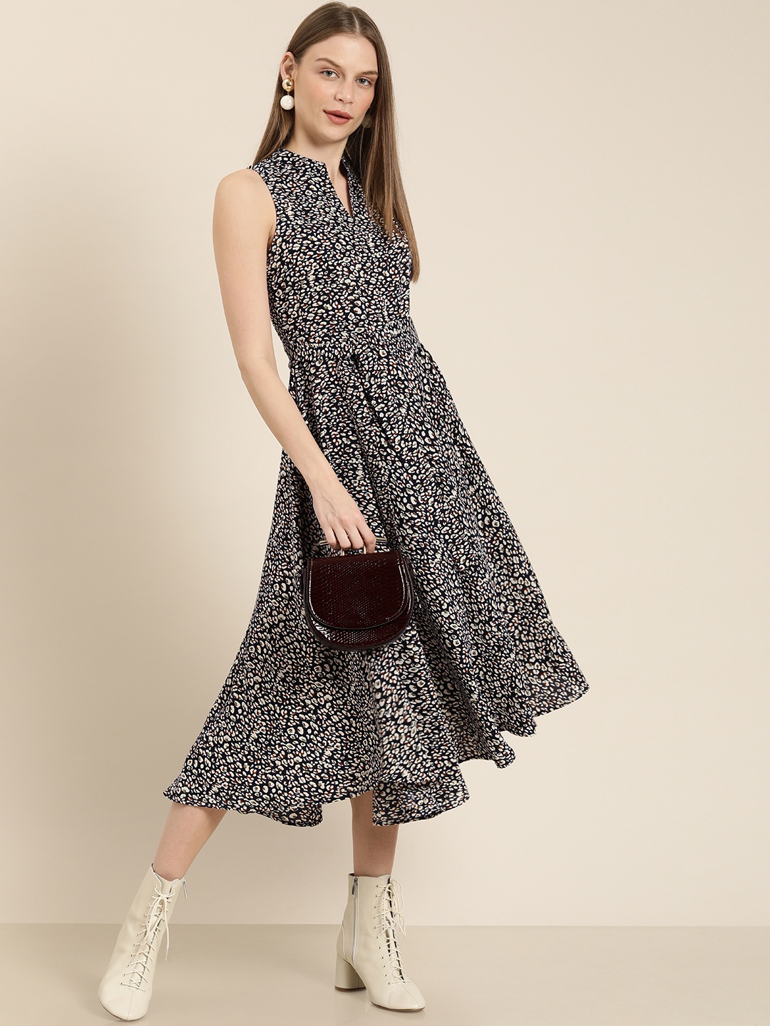 

her by invictus Women Navy Blue & Cream-Coloured Printed Fit and Flare Dress