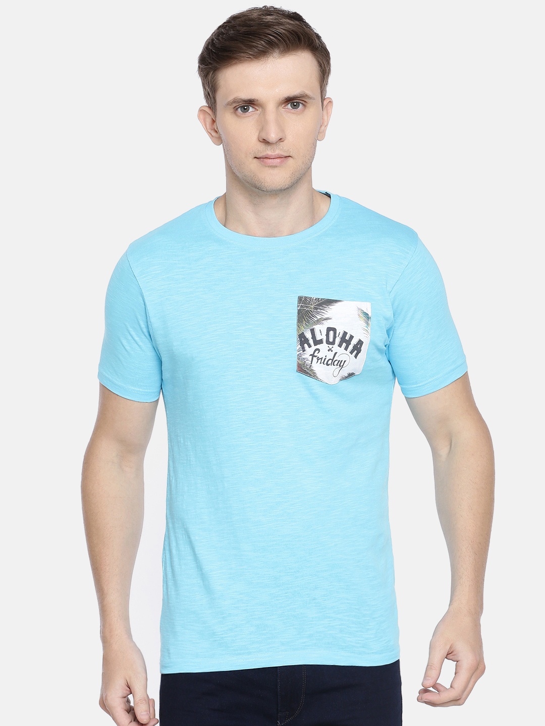 

Pepe Jeans Men Turquoise Blue Solid Slim Fit Round Neck T-shirt With Contrast Pocket
